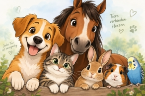 Hund, Pferd, Katze, Kaninchen, Meerschweinchen und Wellensittich vereint